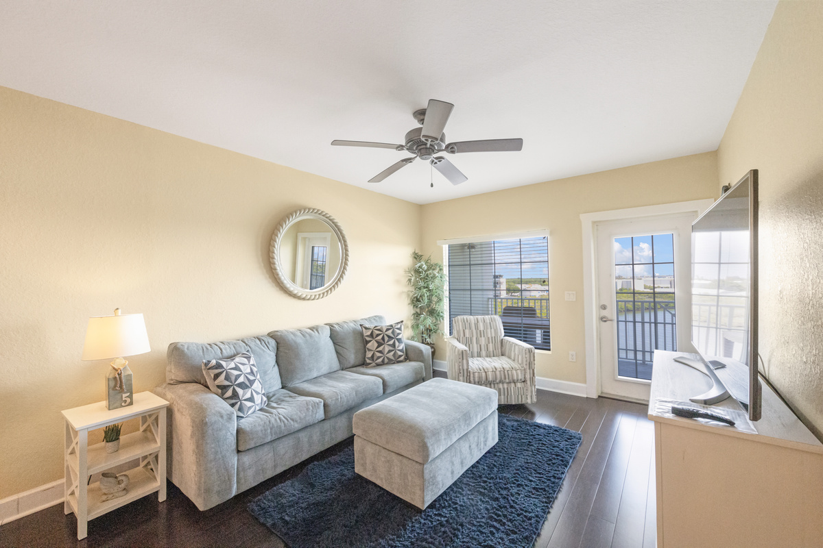 The living room sofa is a Sleeper Sofa and leads to the private balcony, which overlooks the Intracoastal Waterway!
