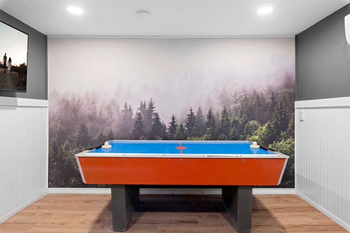 Yeah, we could have changed the colors of this vintage professional air hockey table, but why? It's way too Stranger Things to mess with, so we kept it as-is. Perfection.