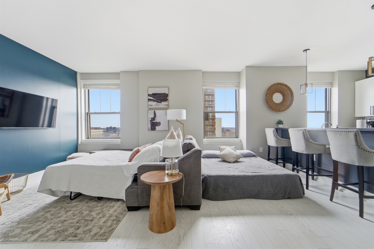 Having a slumber party? With a queen size pullout couch and air mattress, there is plenty of space to sleep 4 people.