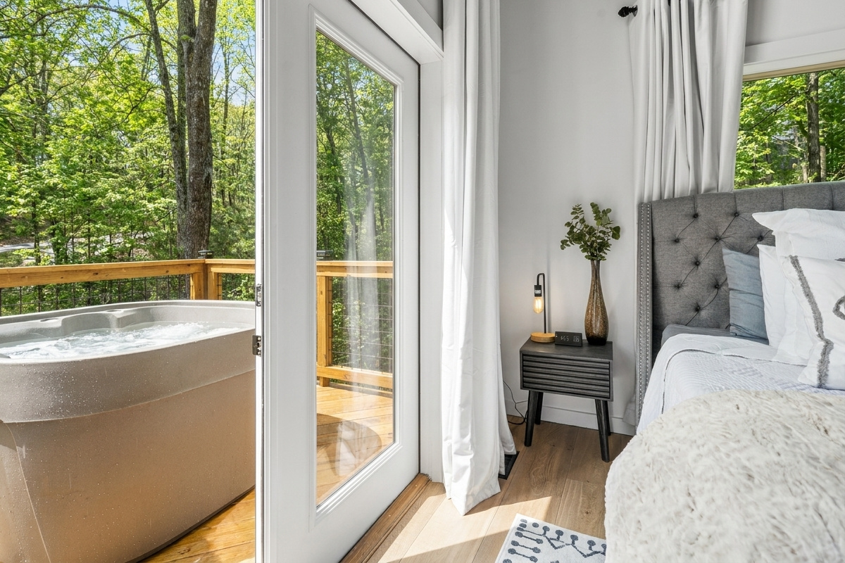 French double doors lead directly into your private hot tub… Hot tub for breakfast anyone?