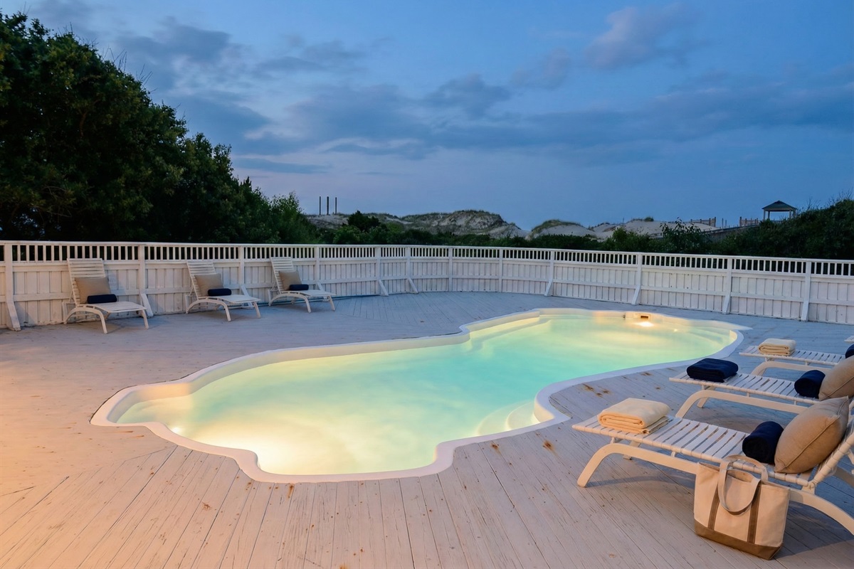 Create lasting family memories at our heated private pool, nestled among OBX's sand dunes - an idyllic feature for your destination wedding or event in the Outer Banks.