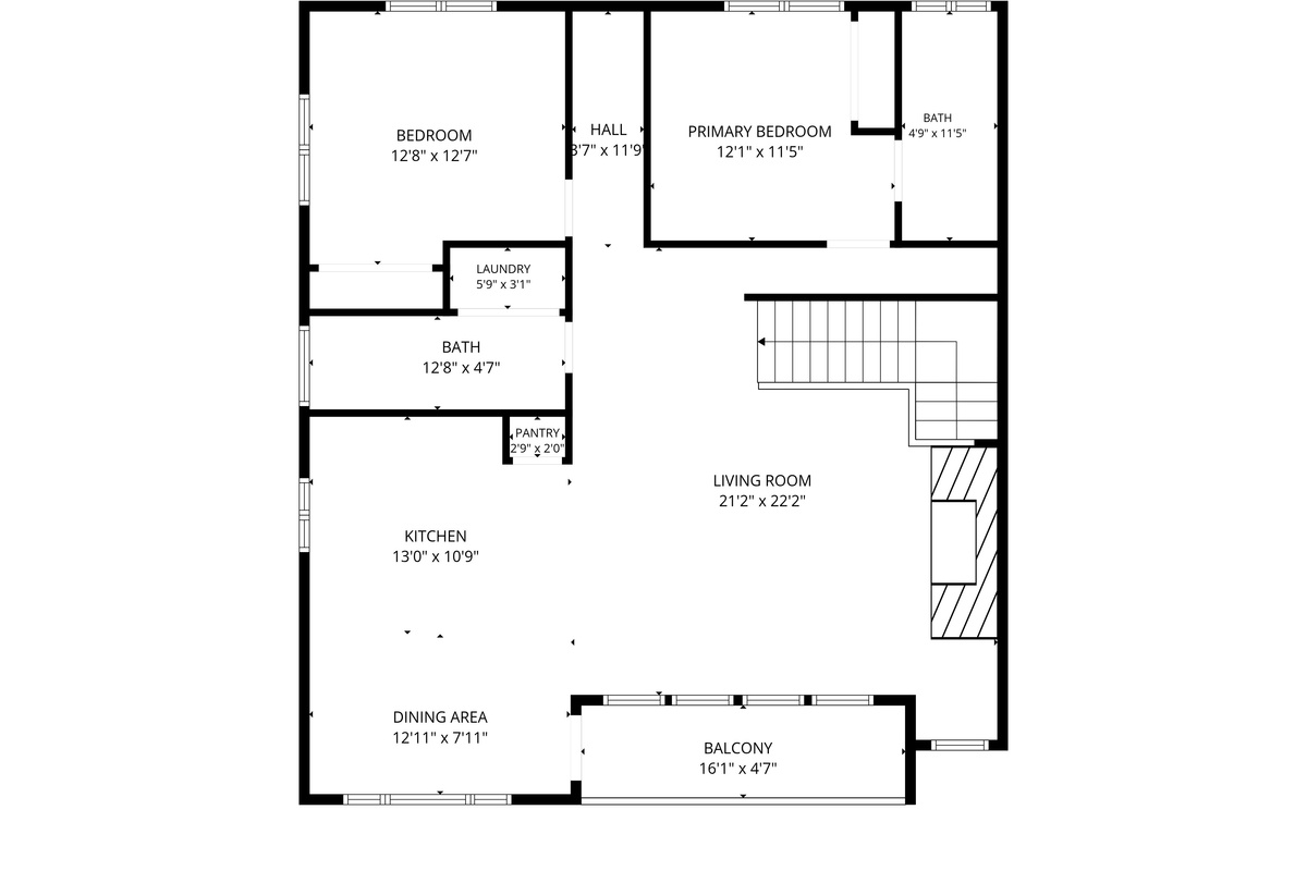 Upper level — the primary suite, additional bedrooms, laundry, and the open kitchen–living–dining that opens to the balcony. The adjoining door to Side B is on this floor, locked unless you book both homes.