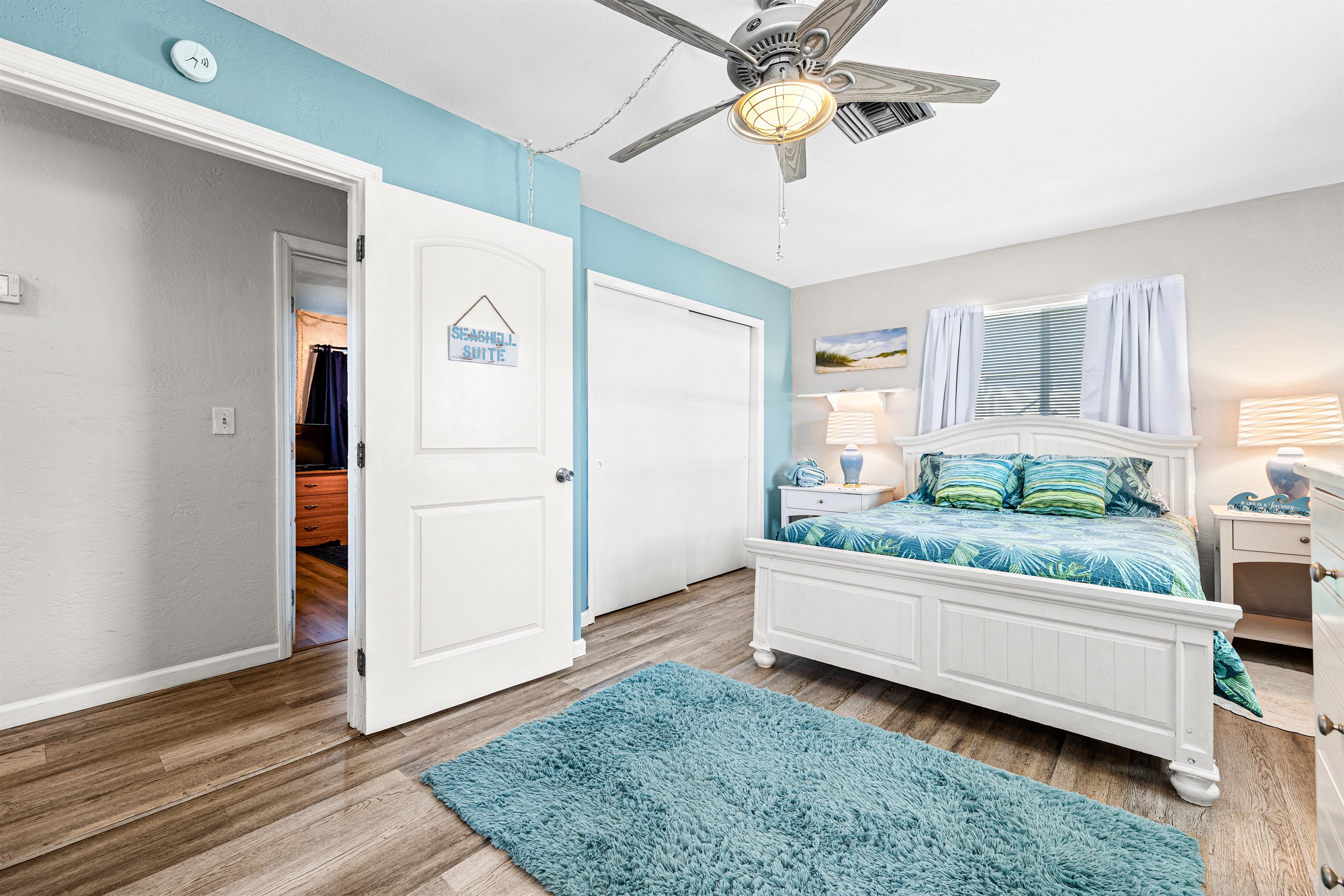 Seashell suite w/Master bath and a closet, Roku TV, full bath and linens, dresser and 2 nightstands.  Stroller and Pak n Play in closet!