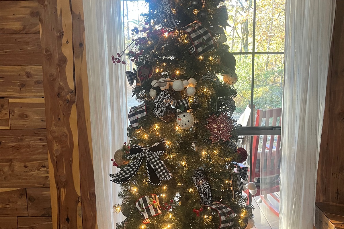 Christmas tree is fully decorated and displayed, bringing warmth and holiday cheer to the room.