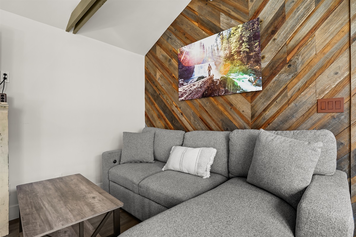 Living room with smart TV and sleeper couch