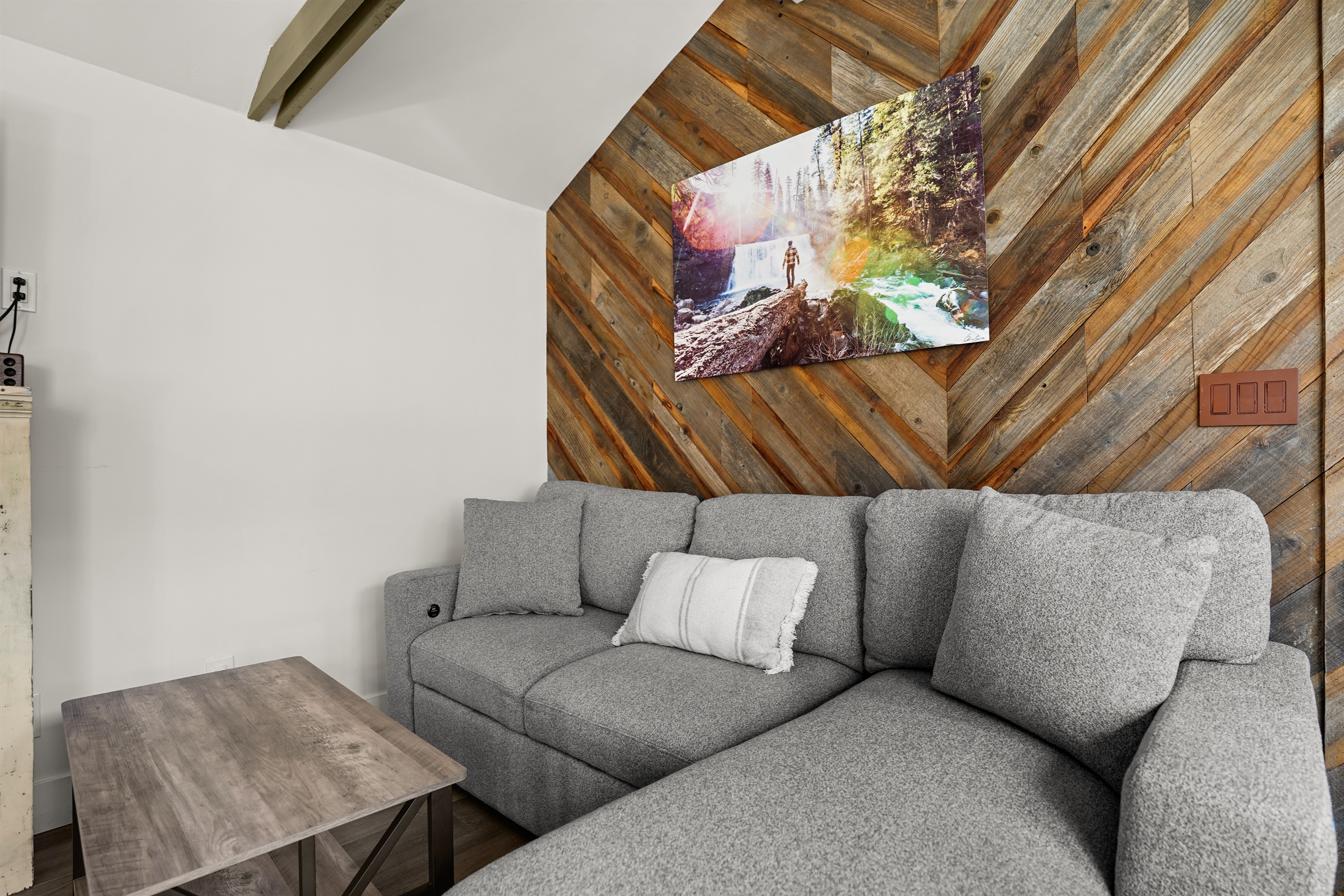 Living room with smart TV and sleeper couch