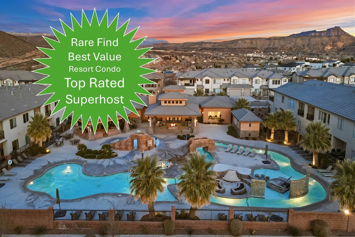 🌅🏜️Sunsets hit different out here — and this resort-style pool oasis is the perfect way to end the day. Float under the desert sky, soak in the spa, and let the warm lights + mountain views do the rest. This is your Zion getaway vibe… every single night.