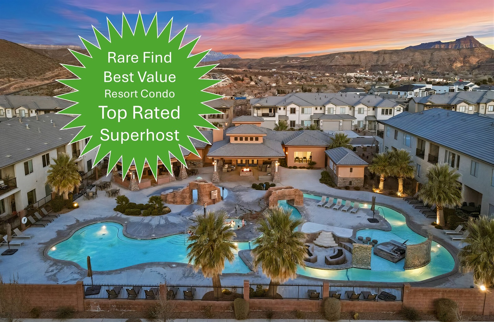 🌅🏜️Sunsets hit different out here — and this resort-style pool oasis is the perfect way to end the day. Float under the desert sky, soak in the spa, and let the warm lights + mountain views do the rest. This is your Zion getaway vibe… every single night.