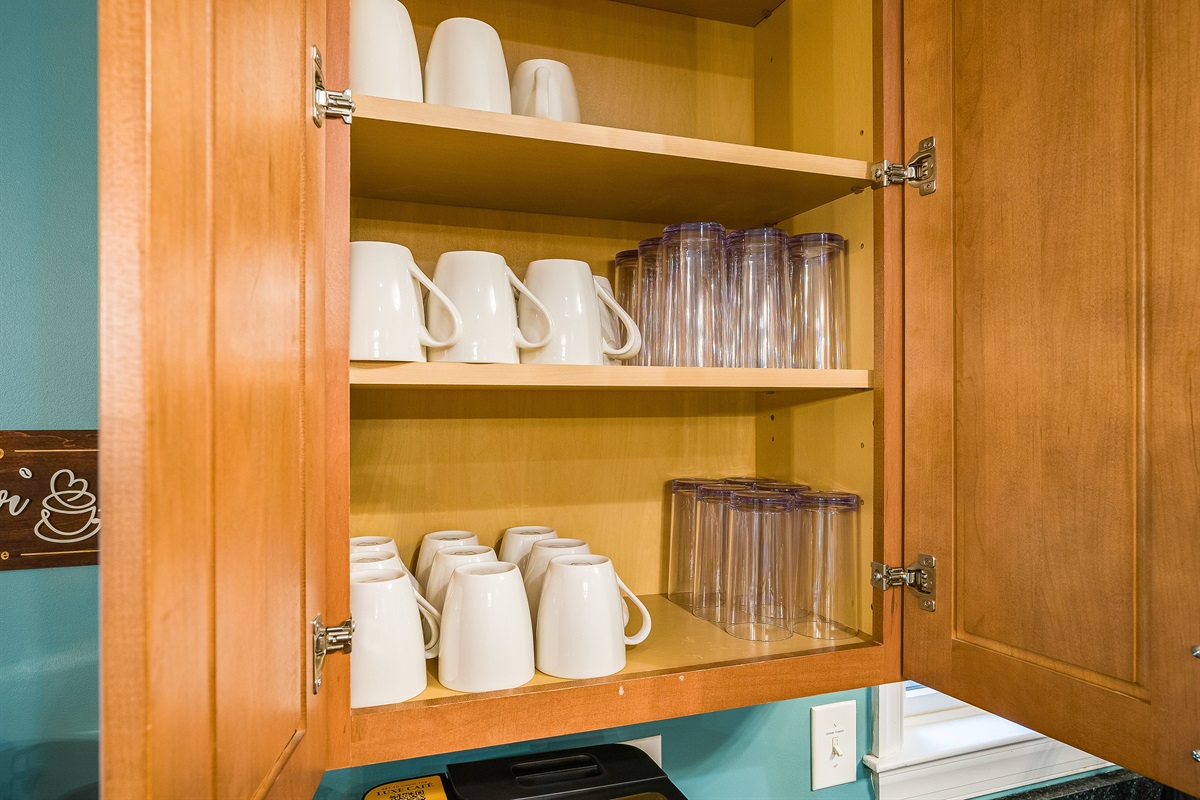 Stocked and ready—plenty of mugs and tumblers for your crew’s coffee, cocoa, or cocktails!