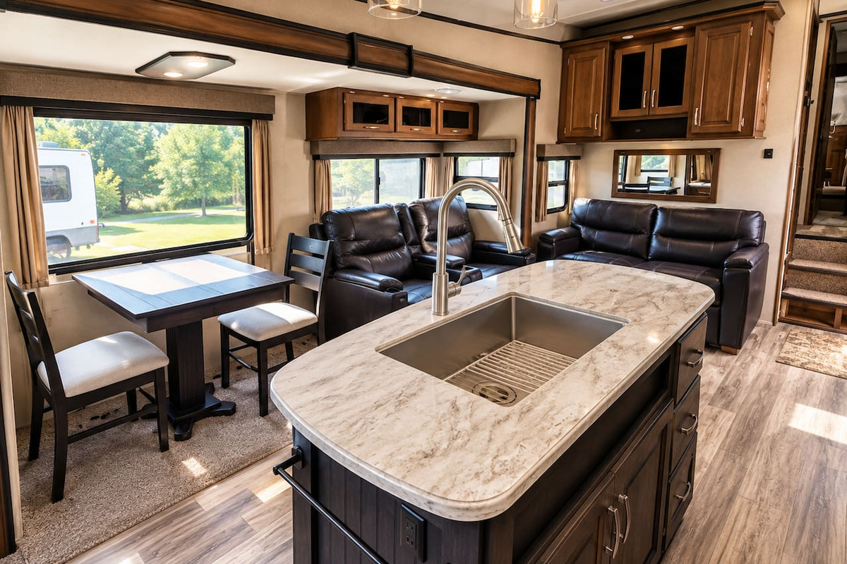 Great room style living area. Kitchen island, dining area and living area. 