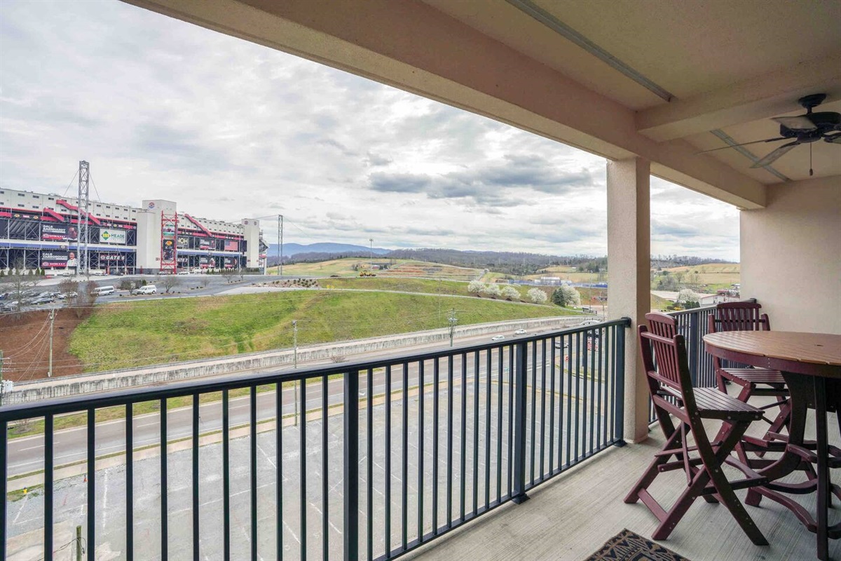 From the balcony, you have a beautiful view of the mountains and Bristol Motor Speedway!