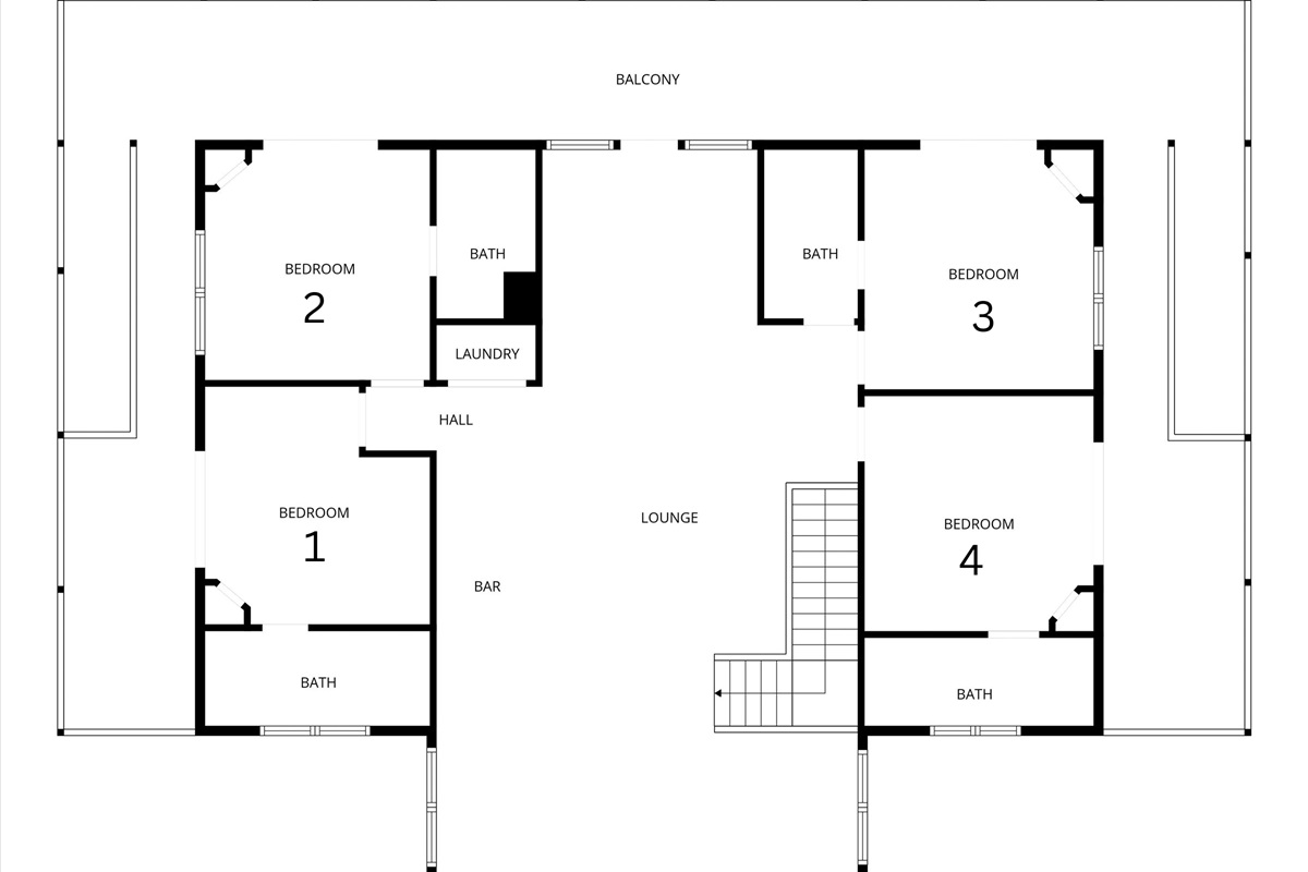 Upper Floor:  has 4 king bedrooms and a large bar/lounge (perfect for hosting events)