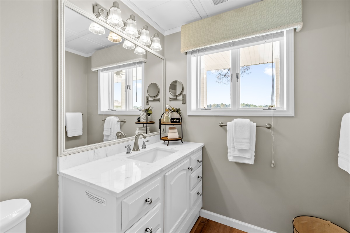 Refresh in the bathroom before heading back to the lake. 