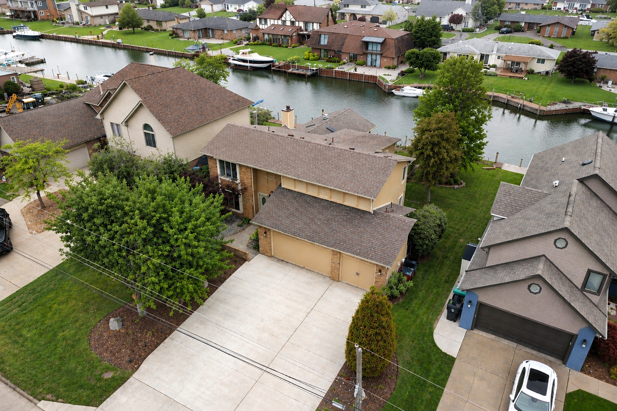 Waterfront home with private dock and boats, aerial view of serene canal, ideal for relaxing getaways and boating adventures.