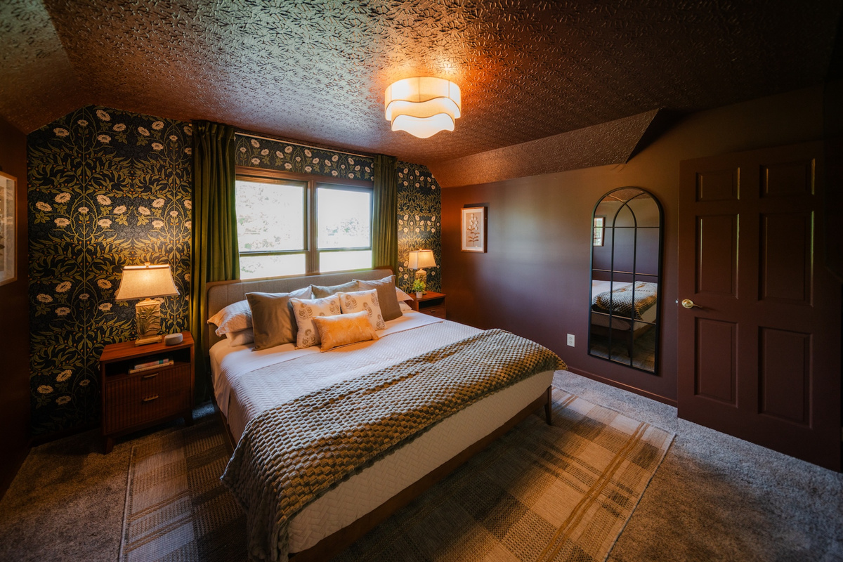 Relax in a comfortable king bed after a day exploring Hocking Hills.