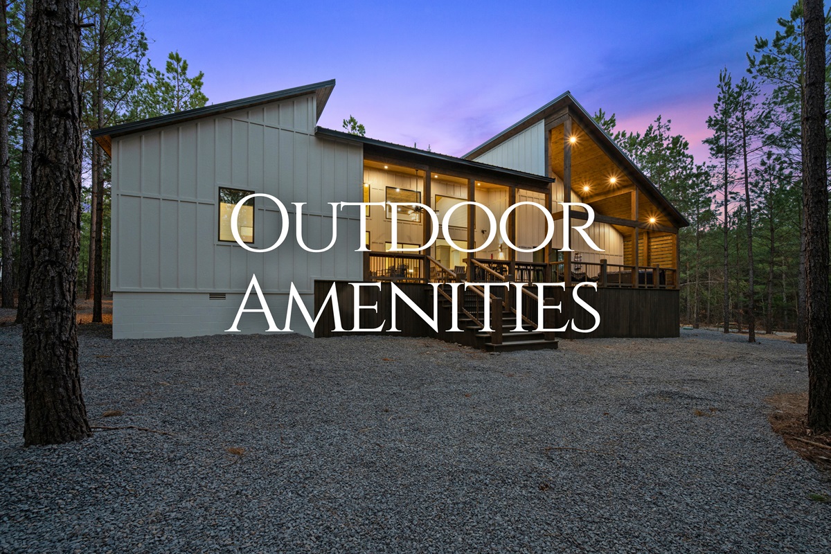 Stepping outside, the outdoor amenities offer a perfect blend of relaxation and entertainment surrounded by tall pine trees.