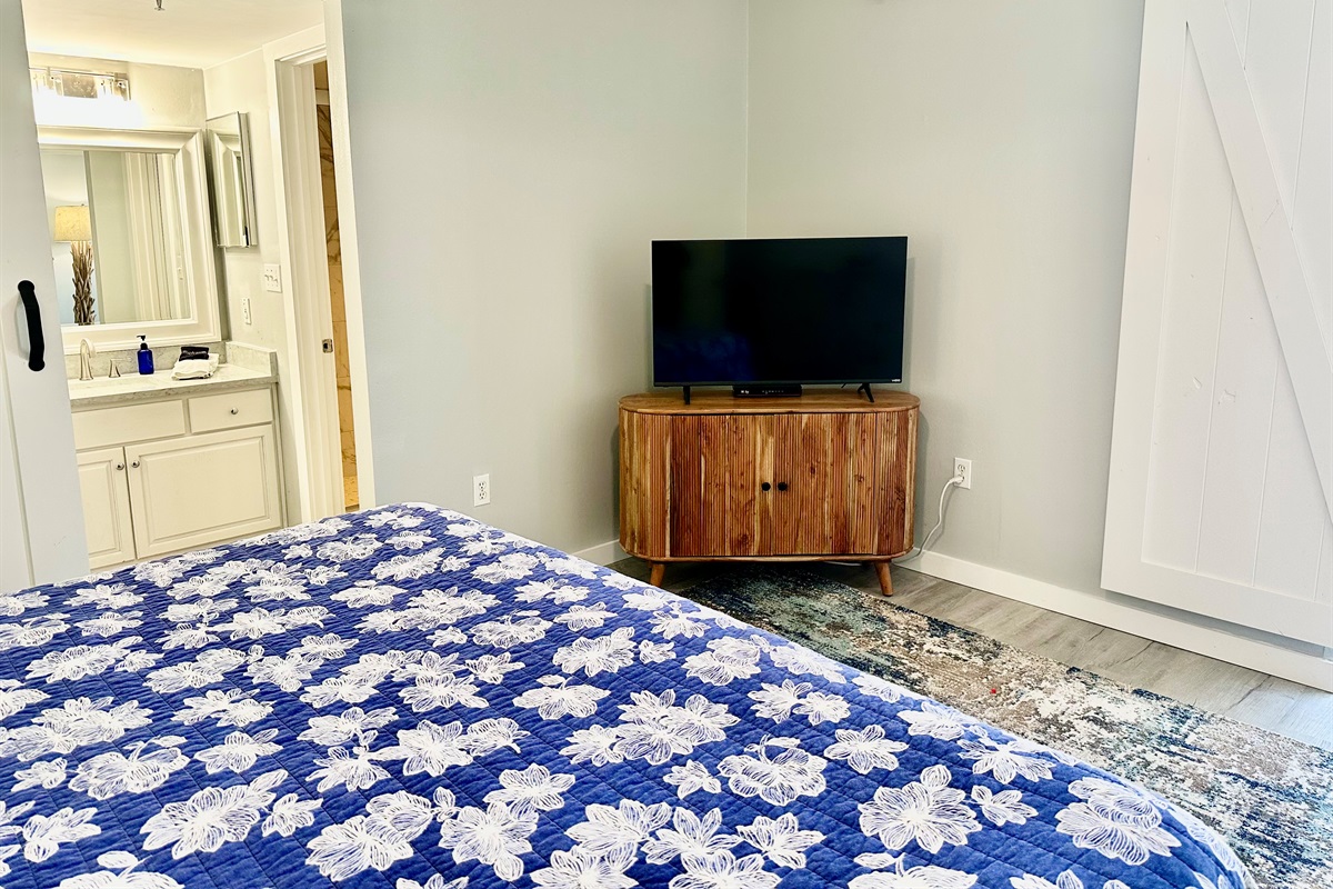 Smart tv and entrance to the master bathroom.