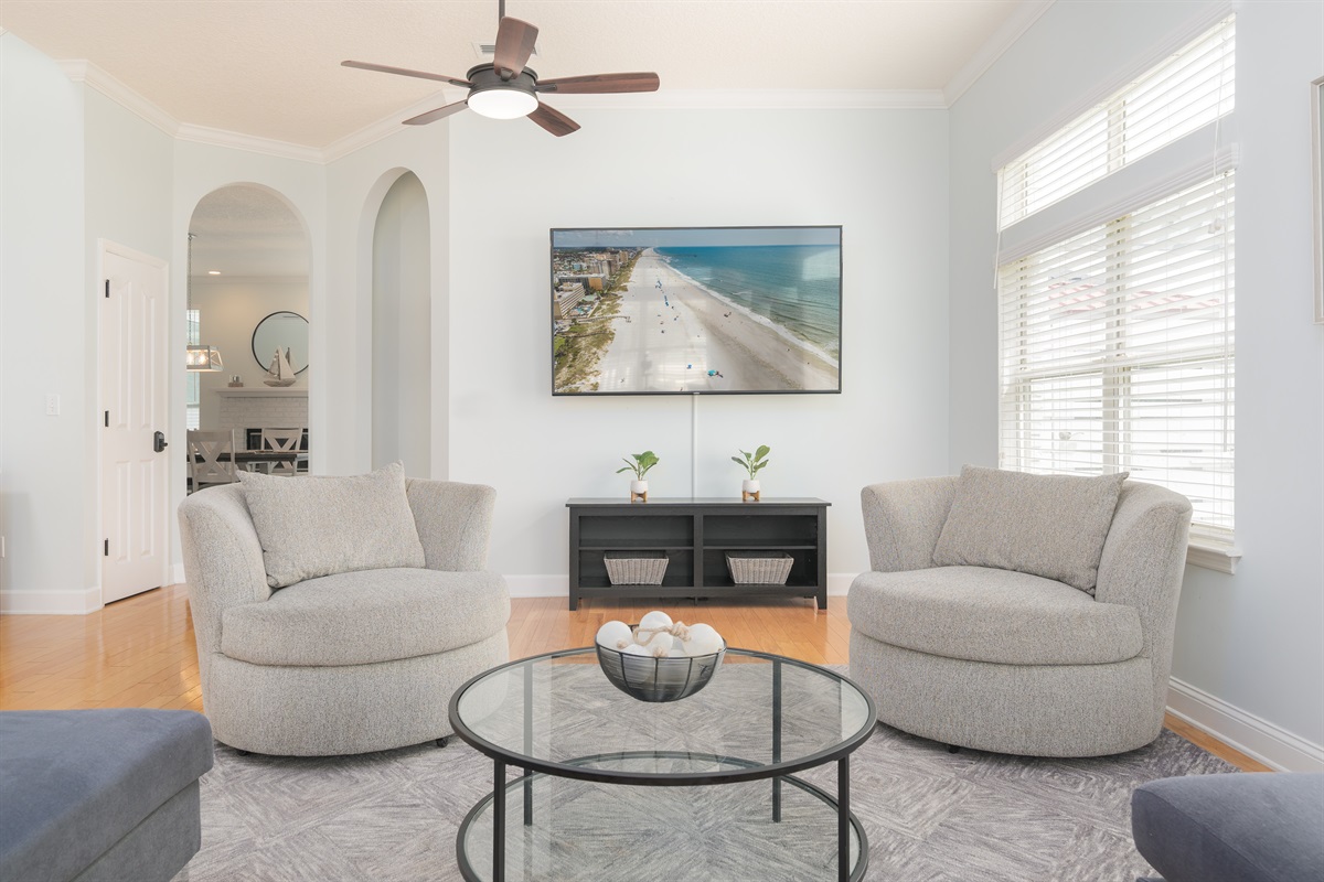 Cozy seating area with soft coastal tones