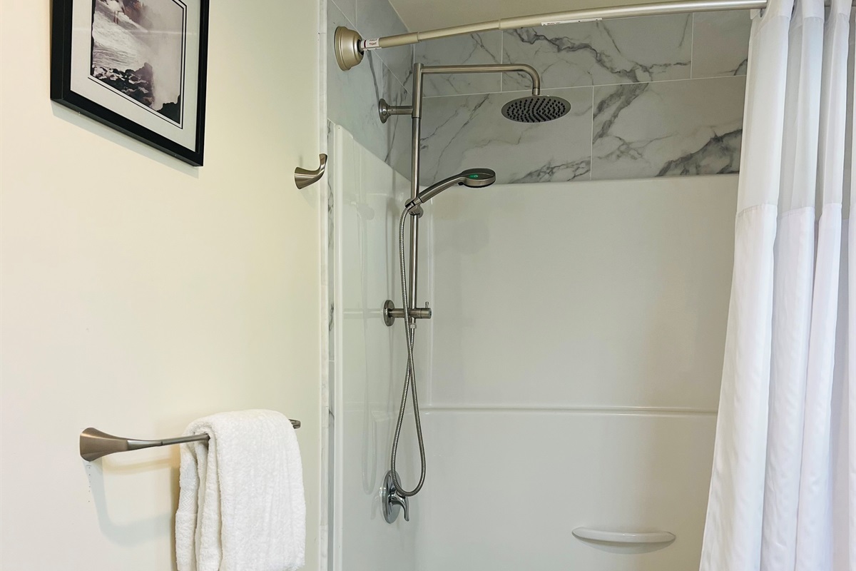 Combination bathtub/shower has rainfall and handheld showerheads.