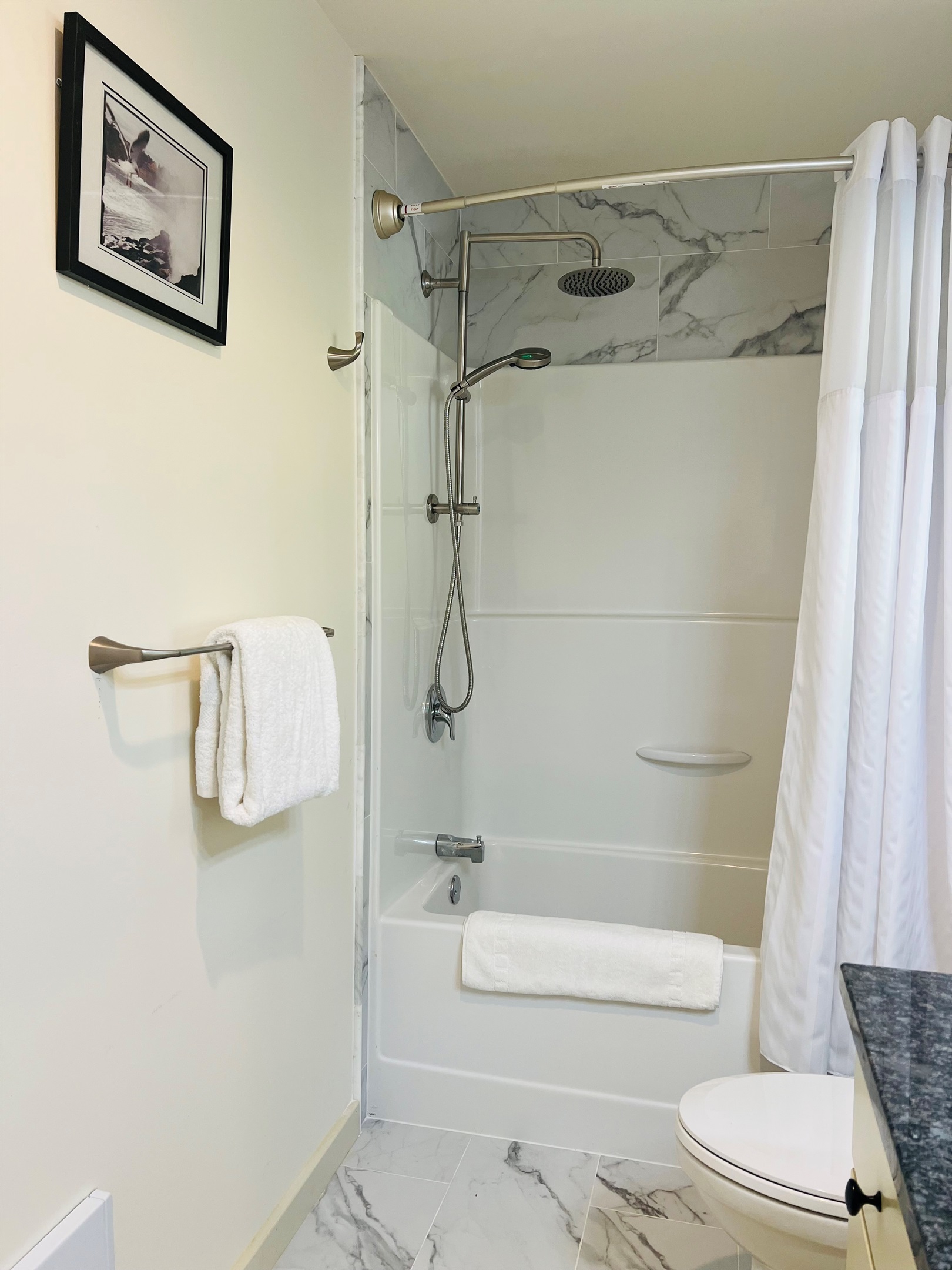 Combination bathtub/shower has rainfall and handheld showerheads.