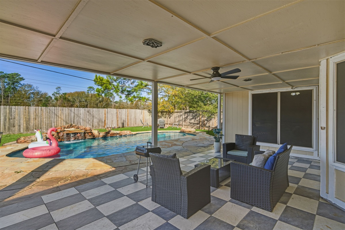 Unwind after a day in Houston with fresh air and comfortable seating.