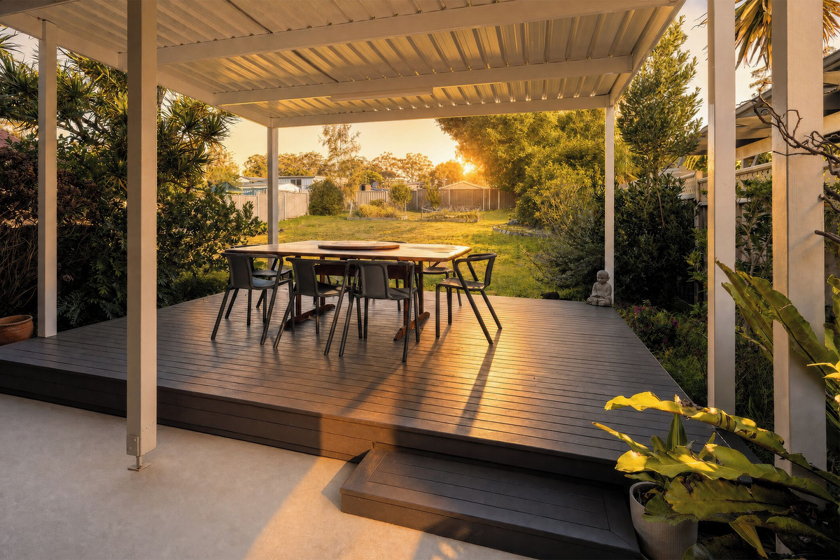 Golden-hour light across the deck and garden gives Luna’s Sanctuary a memorable outdoor setting for slow South Coast evenings.