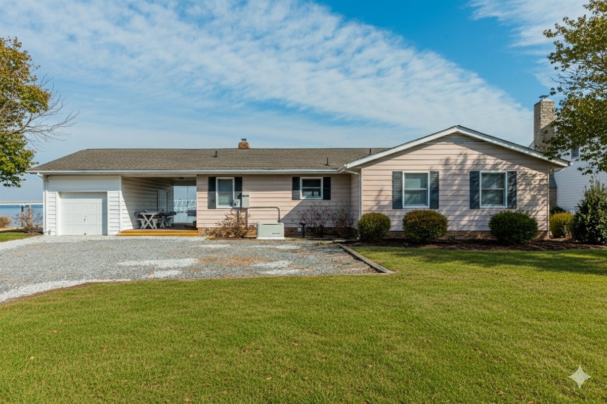 Exterior: Charming waterfront escape with lush lawns and generous outdoor seating for sunset views!