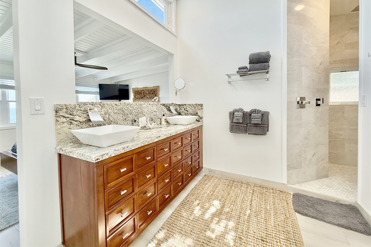 Double vanity with stylish touches.