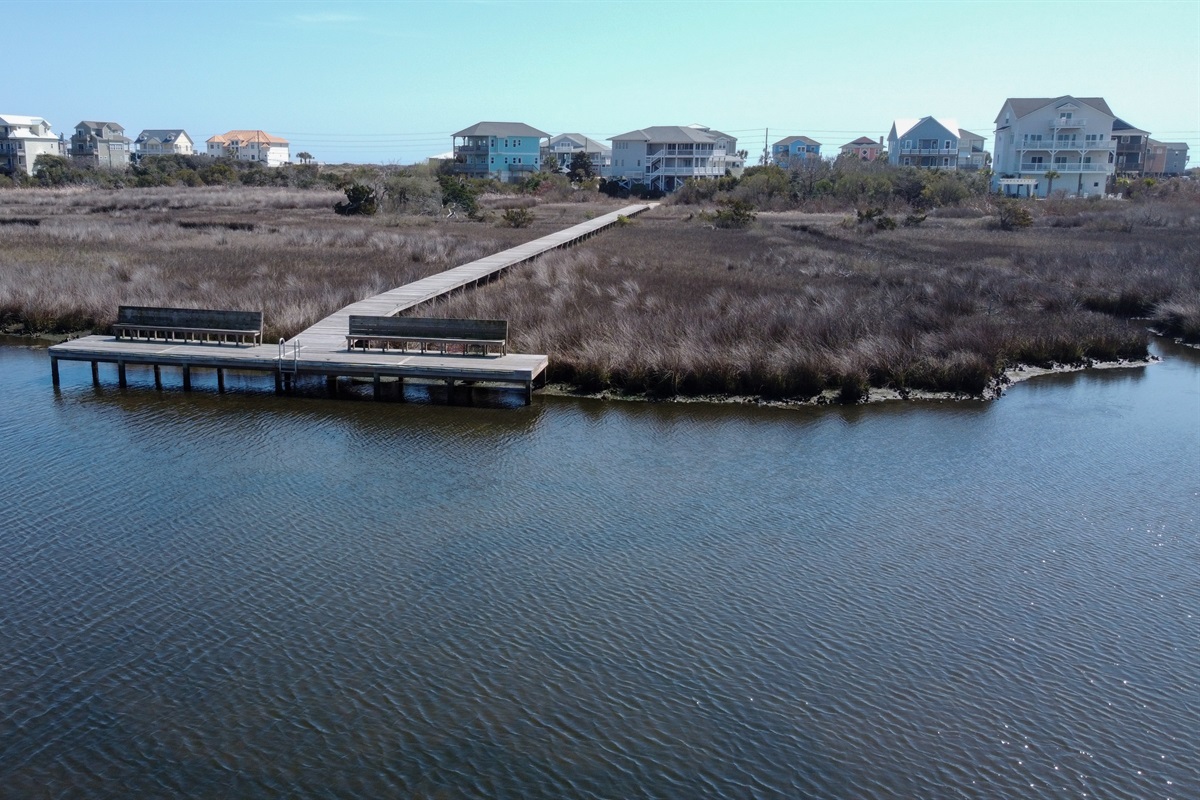 Aerial view of the dock and marsh leading to the sound