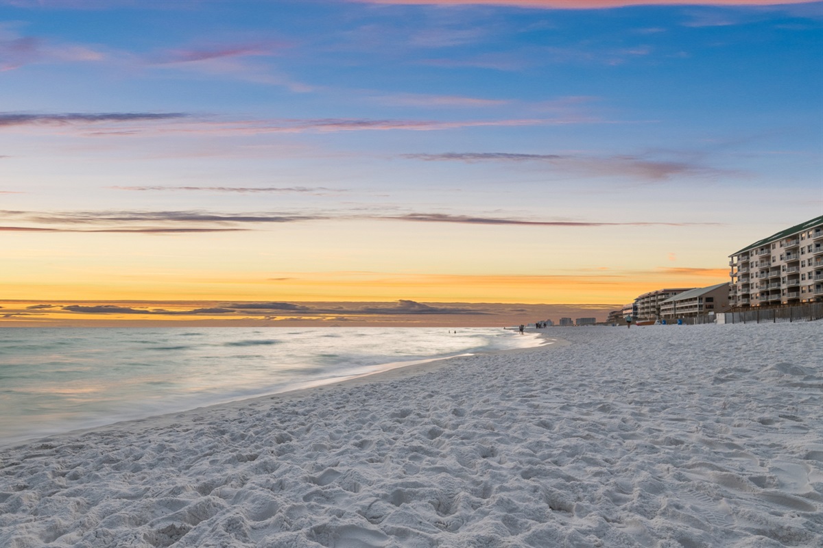 Ten minute walk from the front door, you're here. Crystal Beach is one of the most beautiful stretches on the Gulf Coast.