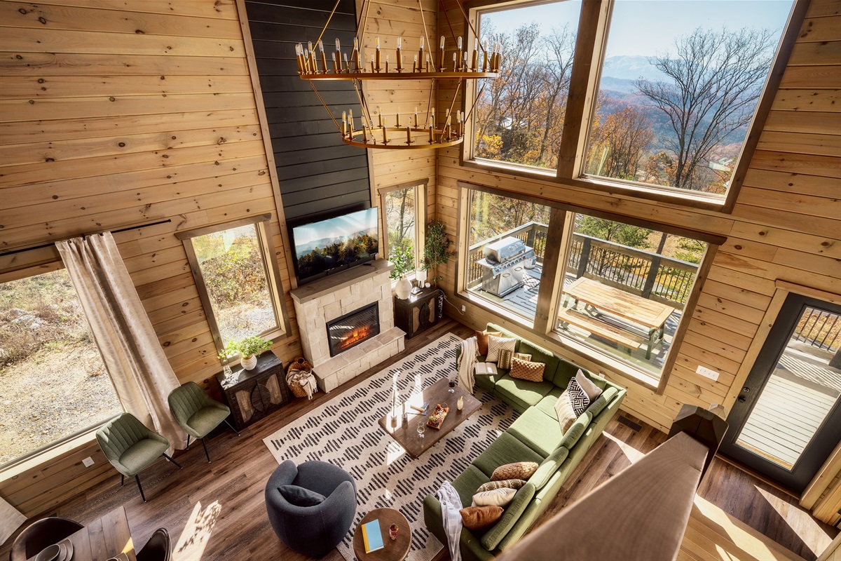 Aerial view of the living space. Open layout, cozy zones, and beautiful flow.