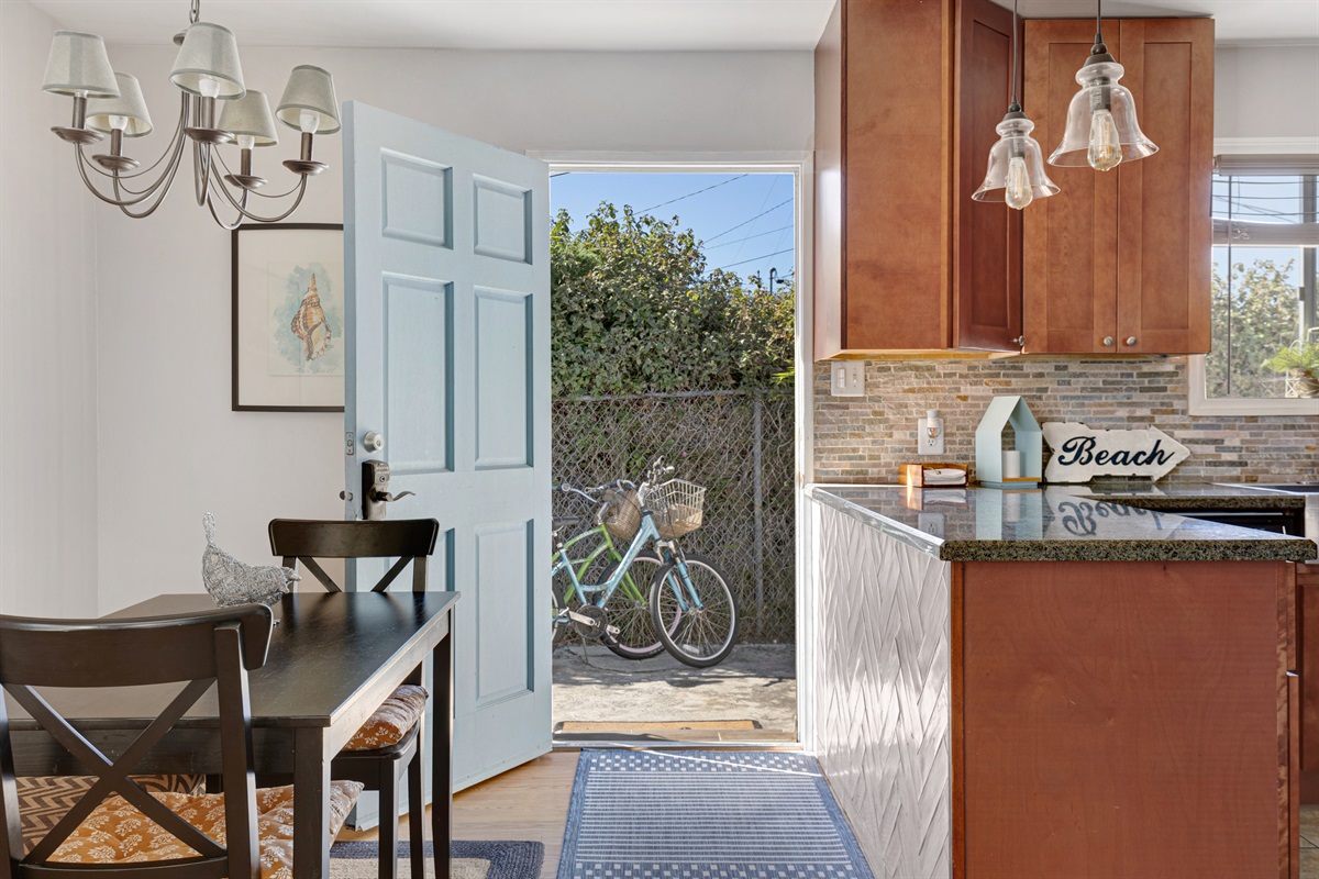 View from the dining room to your own private parking space.  Two bikes included!