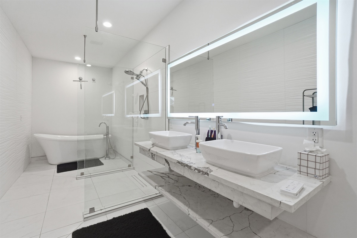 Master bathroom with luxe bathtub and shower
