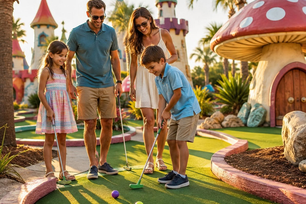 AI-created putt-putt illustration inspired by Panama City Beach miniature-golf outings such as Goofy Golf. Not a photo of a specific course. Admission extra.
