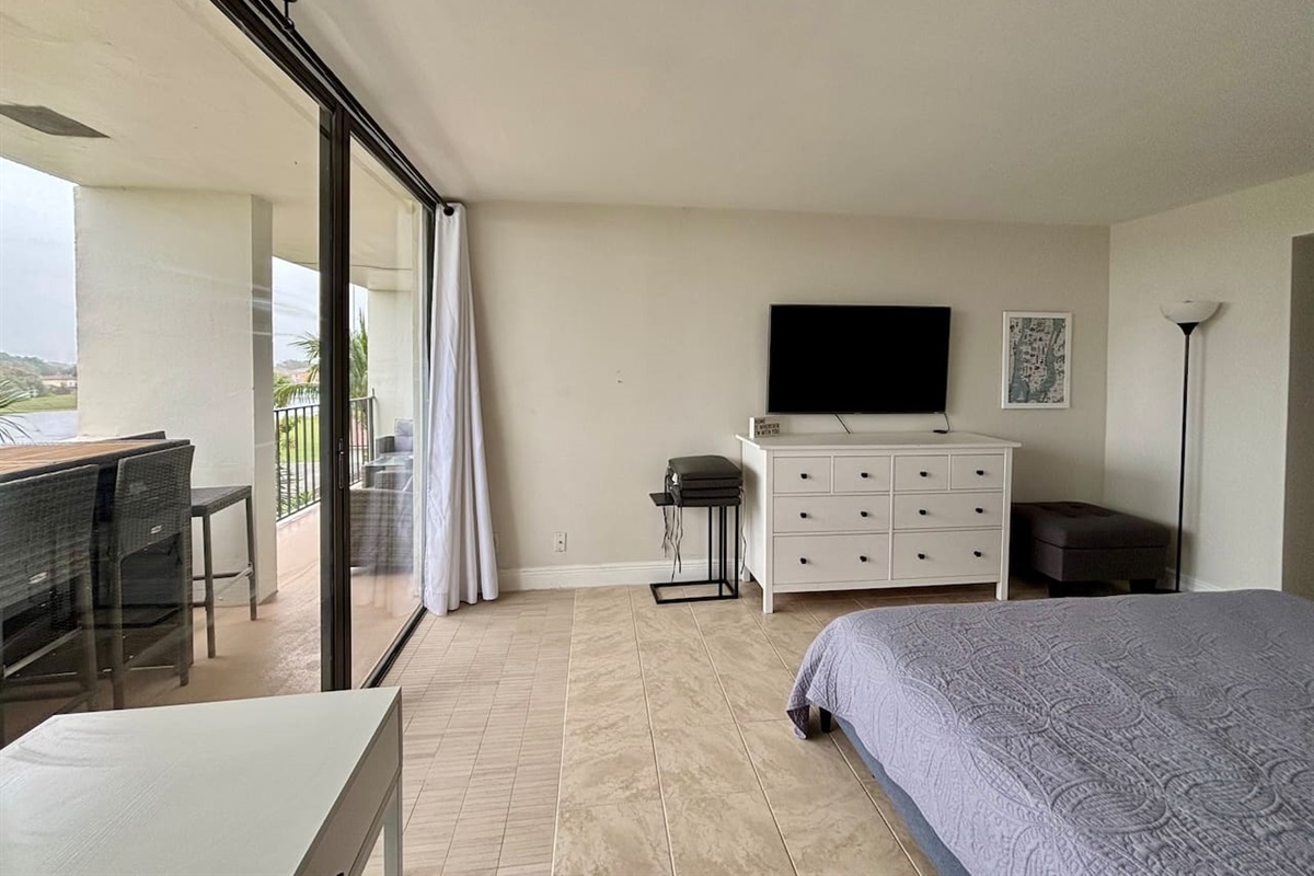 The bedroom also features a TV and workspace.