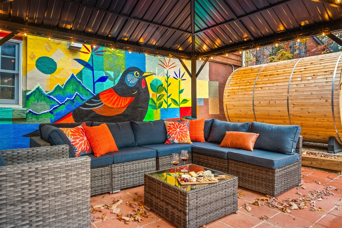 Bright, cozy, and made for long conversations — this patio lounge is a guest favorite