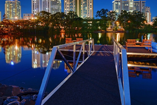 Private jetty views toward the Surfers Paradise skyline from your Paradise Island waterfront retreat.
