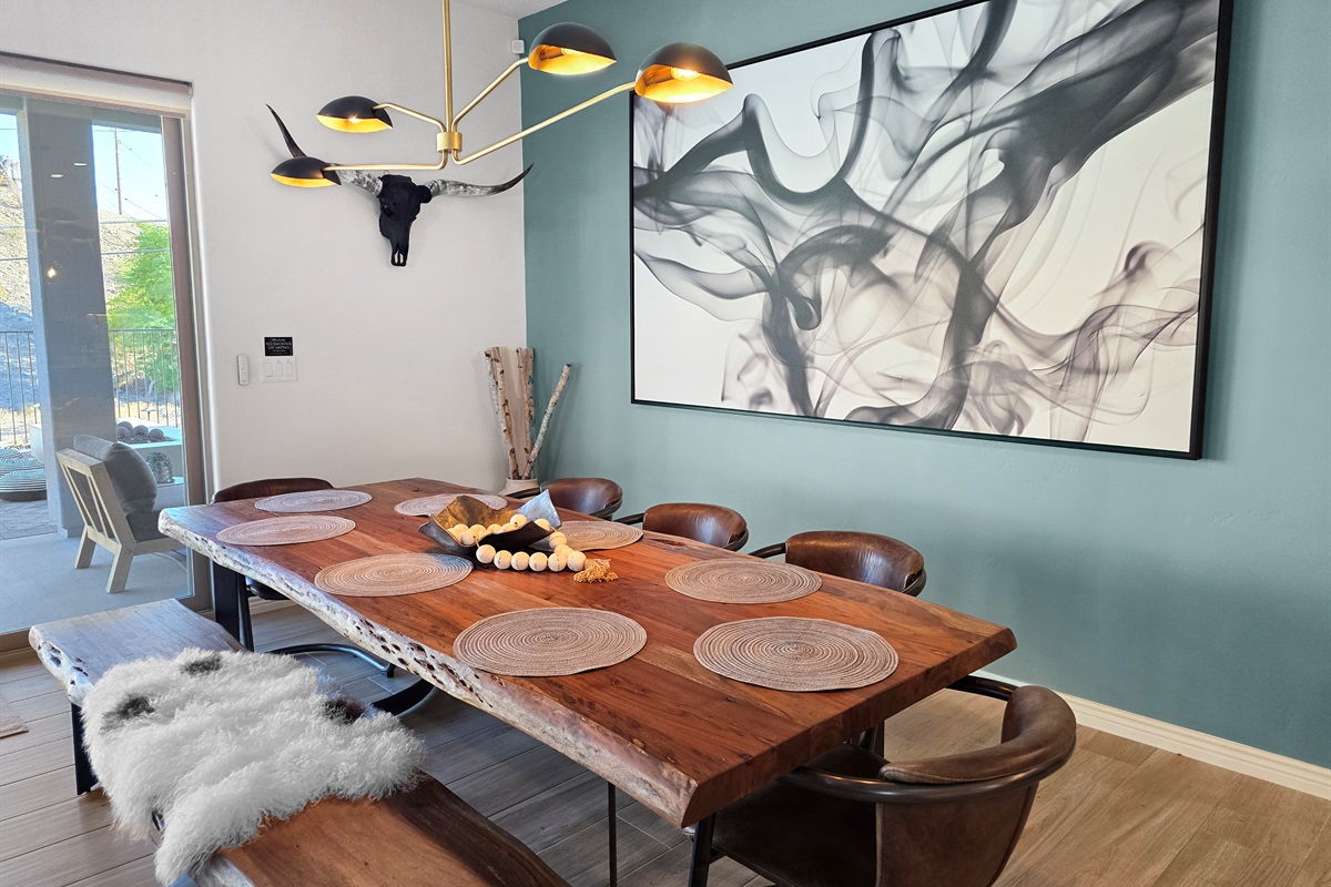Custom live edge wood dining table with seating for 8.