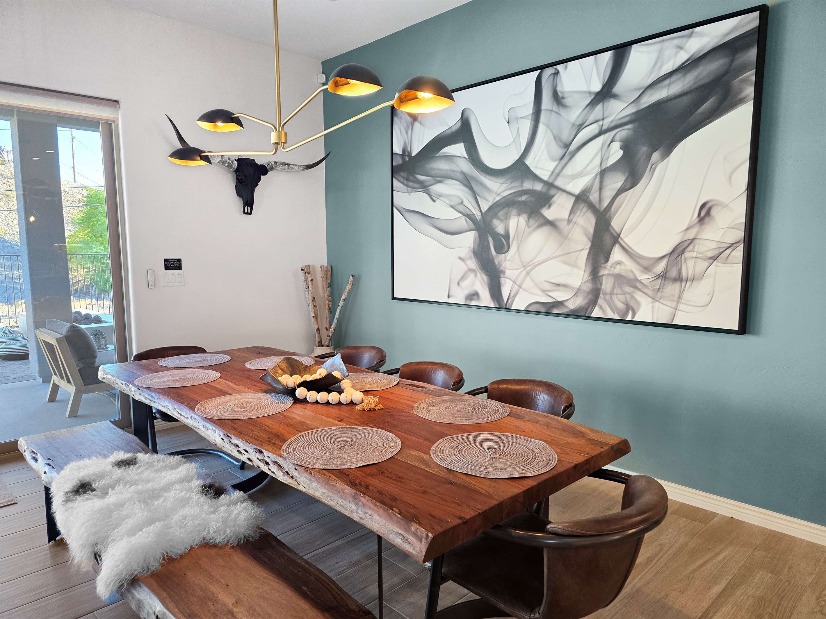 Custom live edge wood dining table with seating for 8.