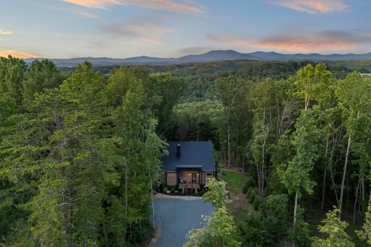 Bird’s‑eye view from above, treetops circle a warmly lit Boujee Lodge.