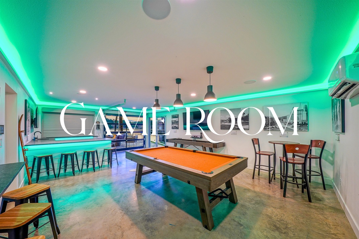 Challenge your crew to pool, foosball, shuffleboard, and more in this tricked-out game room with LED lighting and serious vibes.