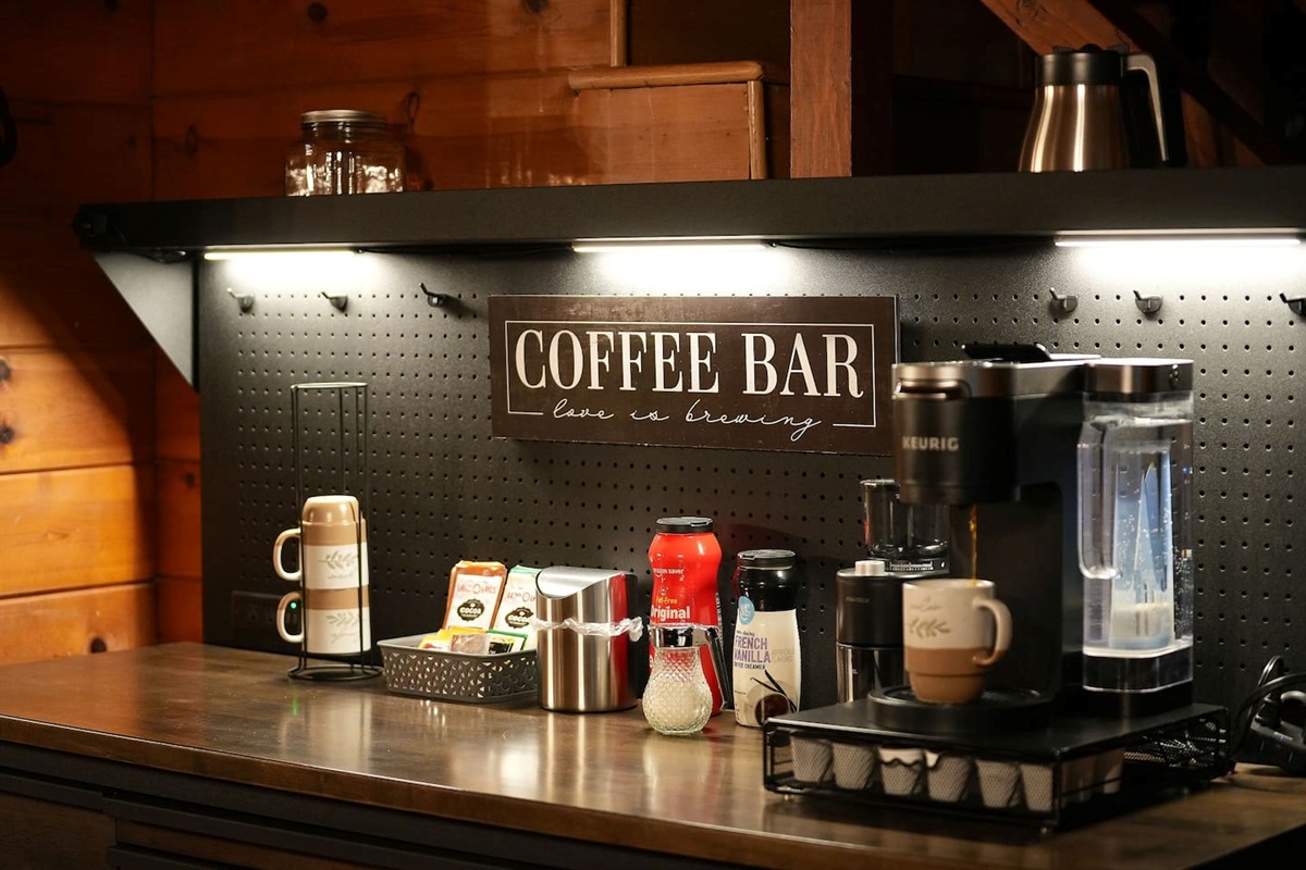 Coffee bar serves more than coffee. We provide you with a variety of teas and coffee to get you started before you get a chance to go grocery shopping. There is also powdered cream and sugar.