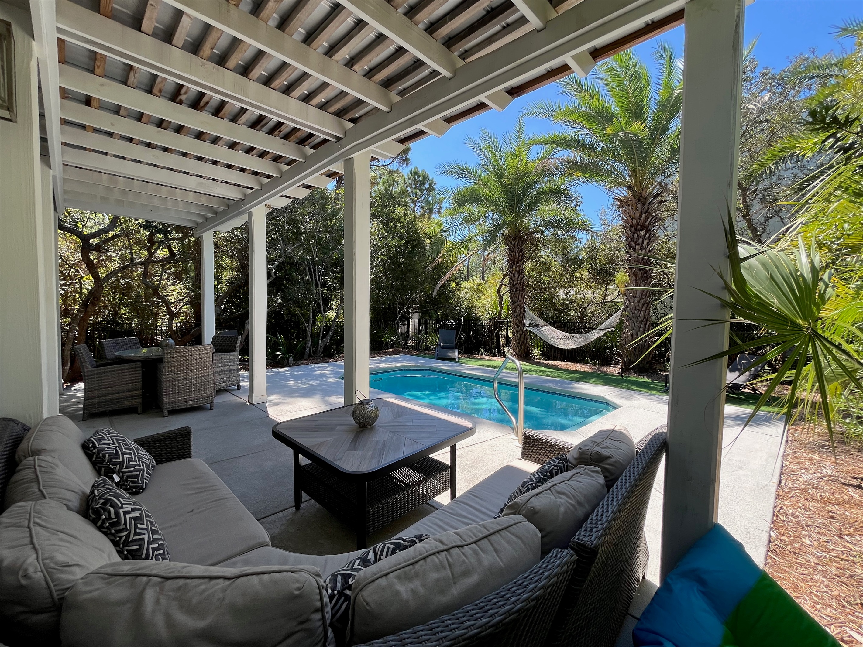 Relaxing, private backyard oasis with heated saltwater pool.