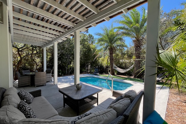 Relaxing, private backyard oasis with heated saltwater pool.