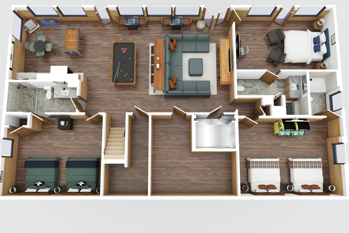 1st Floor Layout - Bedroom 1: 2 Queen Beds with shower -Bedroom 2: King Bed private deck access - Bedroom 3: 2 Queen Beds with bathtub
