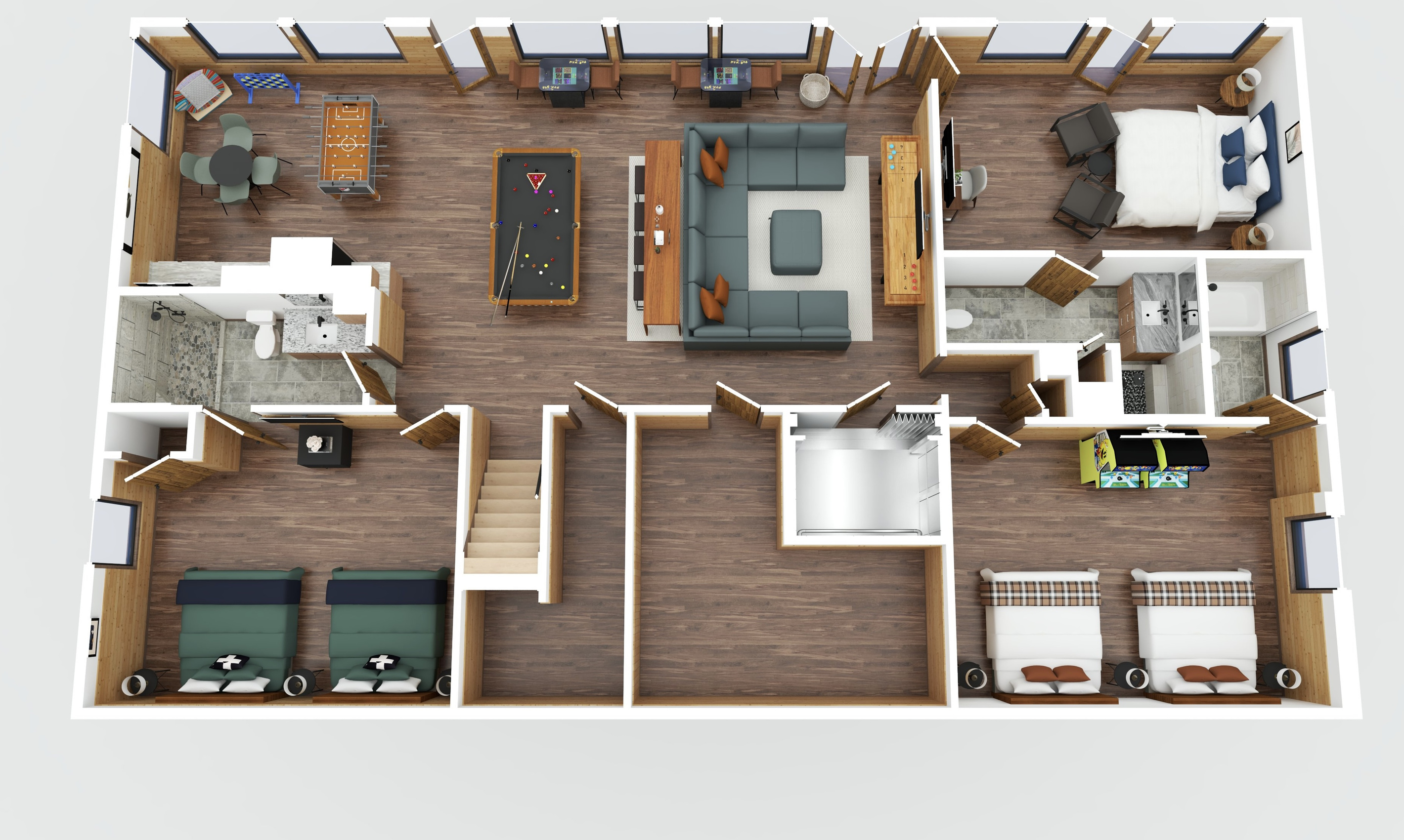 1st Floor Layout - Bedroom 1: 2 Queen Beds with shower -Bedroom 2: King Bed private deck access - Bedroom 3: 2 Queen Beds with bathtub
