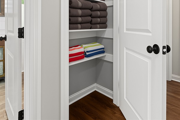 Fully stocked linen closet with plush towels and extra essentials for a comfortable, stress-free stay.