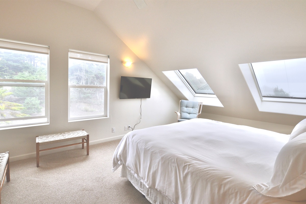 Upstairs bedroom: king bed, skylights, smart TV, ocean views, full closet and en suite bathroom.