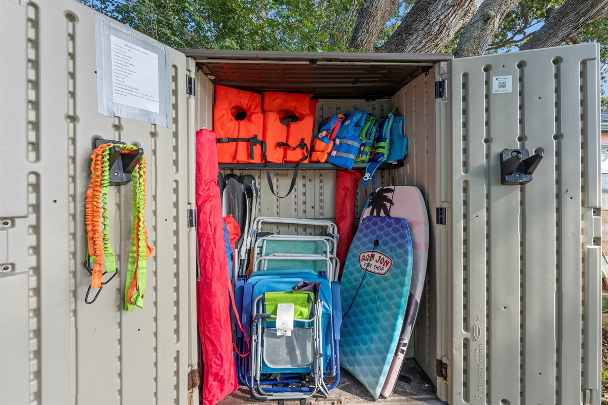 Beach gear, life vests, kayak paddles provided