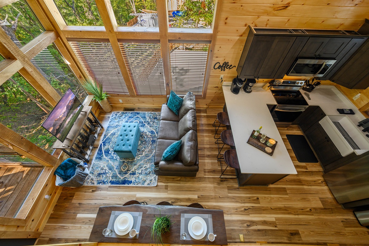 Juniper Cottage View from loft of kitchen and living room